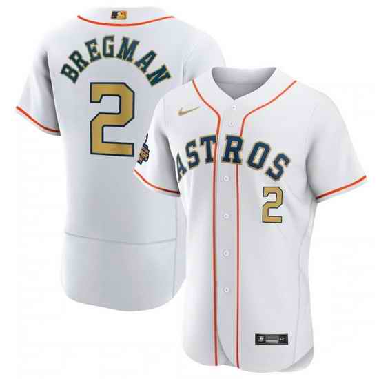 Men Houston Astros 2 Alex Bregman White 2023 Gold Collection With World Serise Champions Patch Stitched Baseball Jersey